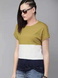 The Roadster Lifestyle Co Women Olive Green  White Colourblocked Round Neck Pure Cotton T-shirt