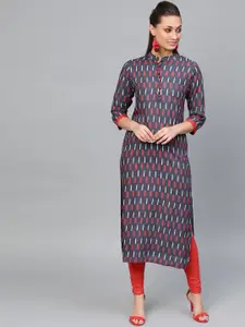 Indo Era Women Navy Blue & Red Printed Straight Kurta