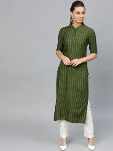 Indo Era Women Olive Green & White Striped Straight Kurta