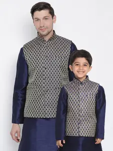 VASTRAMAY Boys Navy Blue & Gold-Toned Zari Woven Design Nehru Jacket