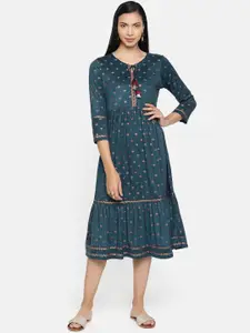 Global Desi Women Teal Blue Printed A-Line Tiered Midi Dress