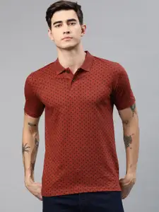 Kryptic Men Rust Red Printed Polo Collar Pure Cotton T-shirt