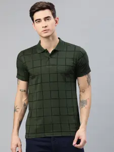 Kryptic Men Olive Green Checked Polo Collar Pure Cotton T-shirt