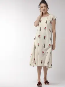 InWeave Women Off-White & Red Floral Print A-Line Ethnic Dress