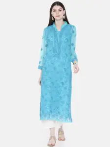 ADA Women Blue Embroidered Lucknow Chikankari Straight Kurta With Slip