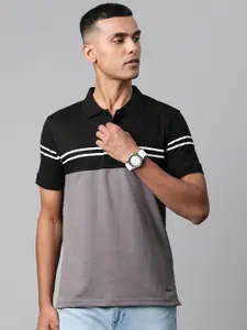 Metronaut Men Grey & Black Colourblocked Polo Collar T-shirt
