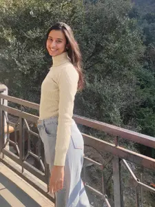 Tokyo Talkies Women Beige Ribbed Pullover