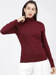 Basics By Tokyo Talkies Women Maroon Solid Sweater