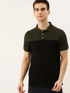 INVICTUS Men Olive Green  Black Colourblocked Polo Collar Pure Cotton T-shirt