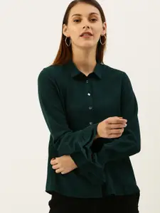 her by invictus Women Green Regular Fit Solid Casual Shirt with Tiered-Bell Sleeves