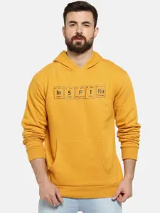 Campus Sutra Men Mustard Yellow Printed Hooded Pullover Sweatshirt