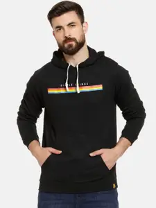 Campus Sutra Men Black Striped Hooded Pullover Sweatshirt