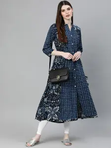Divena Women Navy Blue & White Printed A-Line Kurta With Tie-Up Detailing