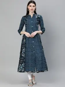 Divena Women Navy Blue & White Printed A-Line Kurta With Tie-Up Detailing