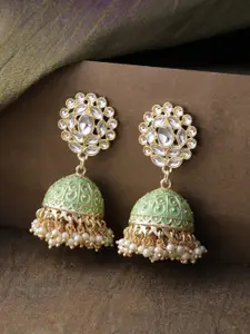 Priyaasi Green & Off-White Gold-Plated Handcrafted Kundan & Beaded Dome Shaped Jhumkas