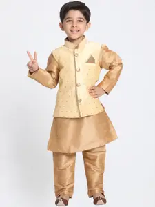 VASTRAMAY Boys Gold-Toned Self Design Kurta with Churidar & Jacket