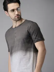 Campus Sutra Men Grey Dyed Henley Neck Pure Cotton T-shirt