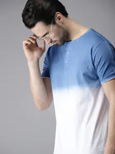 Campus Sutra Men Blue  White Ombre-Dyed Henley Neck Pure Cotton T-shirt