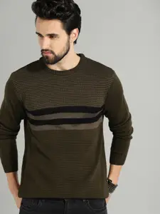 The Roadster Lifestyle Co Men Olive Green & Black Striped Sweater