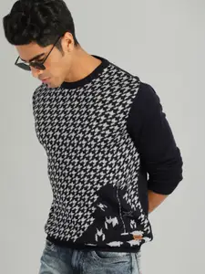 The Roadster Lifestyle Co Men Navy Blue & Grey Printed Sweater