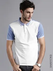 ether Men White  Blue Colorblocked Oxford Polo Pure Cotton T-shirt