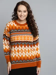 HERE&NOW Women Mustard Brown & White Fair Isle Patterned Sweater