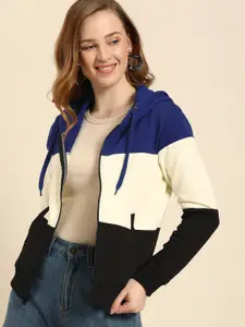 DressBerry Women Blue & Off-White Colourblocked Hooded Front-Open Sweatshirt