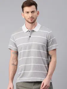 Kryptic Men Grey Melange  White Striped Polo Collar Pure Cotton T-shirt