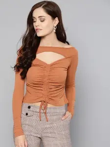 Veni Vidi Vici Women Brown Solid Cropped Fitted Top