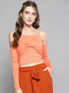Veni Vidi Vici Women Peach-Coloured Solid Crop Bardot Top
