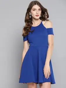 Veni Vidi Vici Women Blue Solid Cold-Shoulder Fit and Flare Dress