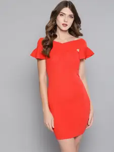 Veni Vidi Vici Women Coral Red Solid Bodycon Dress