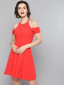 Veni Vidi Vici Women Coral Red Solid Fit & Flare Dress
