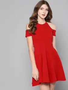 Veni Vidi Vici Women Red Solid Cold-Shoulder Fit & Flare Dress