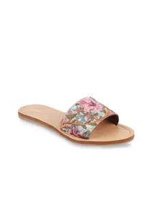 Mochi Women Pink Woven Design Open Toe Flats