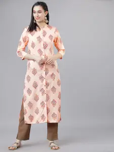 Vishudh Women Peach-Coloured & Gold-Toned Printed Straight Kurta