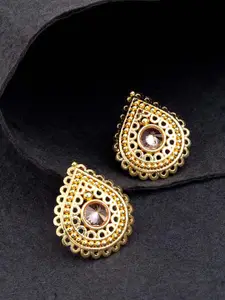 Voylla Brass Plated Gold-Toned & Beige Handcrafted Teardrop Shaped Studs