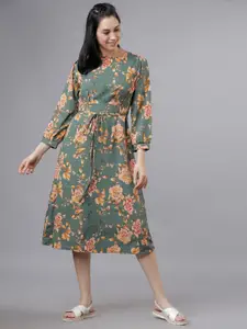 Tokyo Talkies Women Green Floral Print Fit and Flare Dress