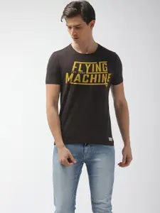 Flying Machine Men Charcoal Grey Printed Round Neck Pure Cotton T-shirt