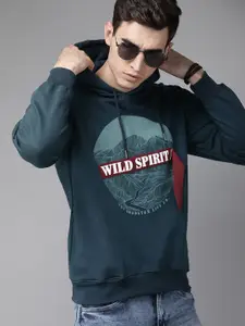 The Roadster Lifestyle Co Men Navy Blue Printed Hooded Applique Pullover Sweatshirt