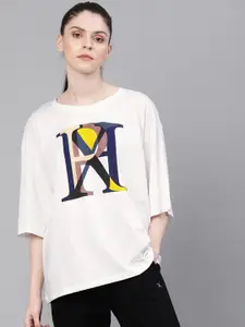 HRX by Hrithik Roshan Women White  Yellow Printed Lifestyle BOXY Fit Pure Cotton T-shirt