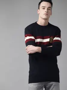 The Roadster Lifestyle Co Men Navy Blue & Maroon Striped Detail Pullover