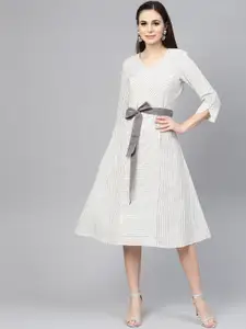 Varanga Women Off-White & Grey Striped A-Line Dress