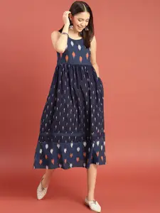 Taavi Navy Blue Woven Design Pure Cotton Fit & Flare Sustainable Dress with Contrast Yoke & Hem