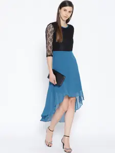 Karmic Vision Women Black & Blue Colourblocked High-Low A-Line Dress