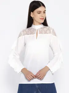 Karmic Vision Women White Solid Semi-Sheer Top