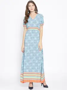 Karmic Vision Women Blue & White Printed Maxi Dress