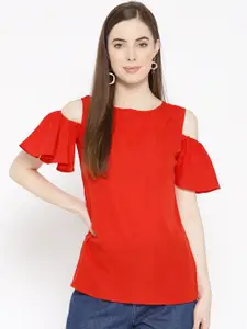 Karmic Vision Women Red Solid Cold-Shoulder Top