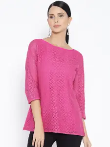 Karmic Vision Women Pink Crochet Lace A-Line Top