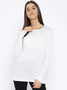 Karmic Vision Women Off-White Solid Round Neck T-shirt